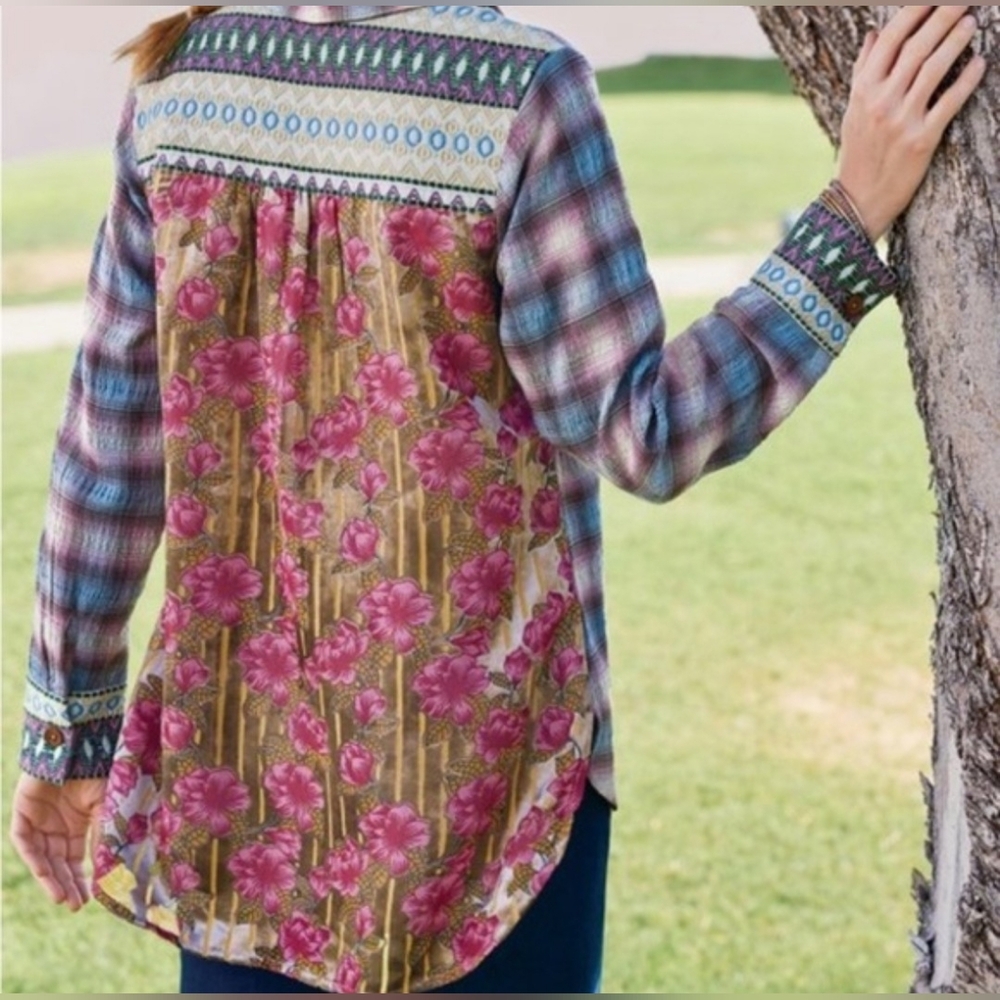 Soft Surroundings Button Up Shirt - Patchwork Embroidered - Plaid - Size M